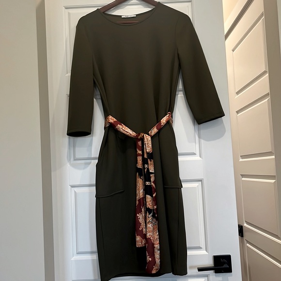 Olive Zara Midi Dress with Silk Belt - Picture 1 of 3